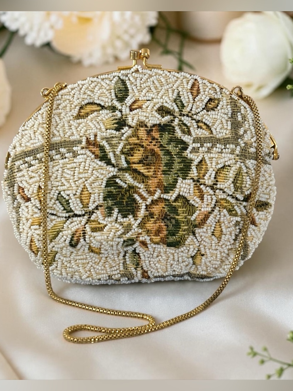 Vintage Handmade Beaded Floral Evening Satchel Bag with Gold Chain Strap